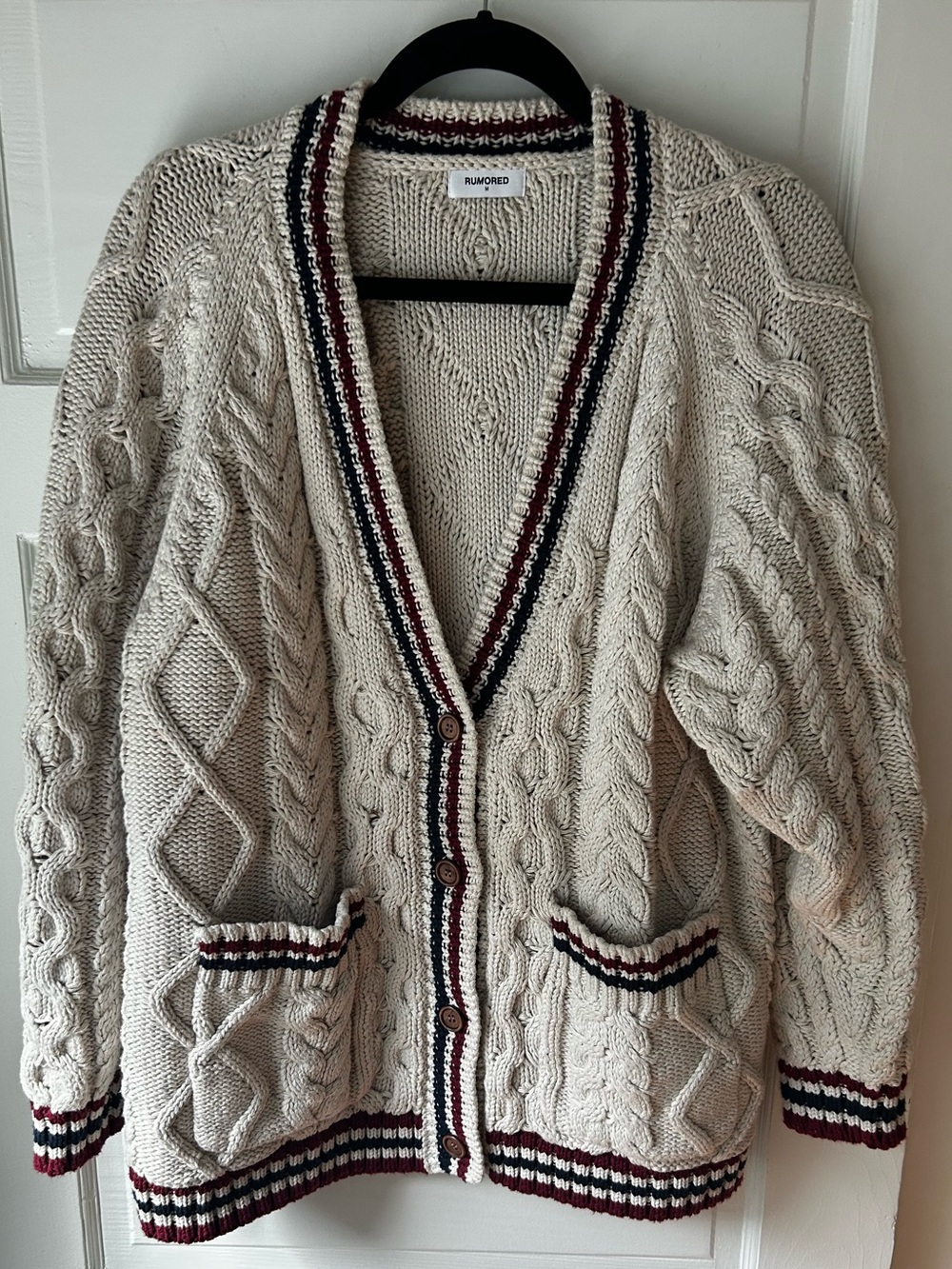 NWOT Rumored Cream Cable Knit Varsity Sweater M